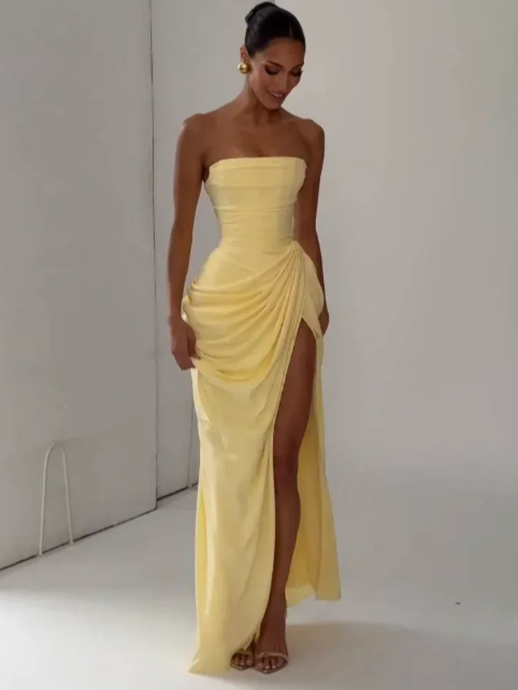 btuce V-Neck Floor-Length Pleat Dress