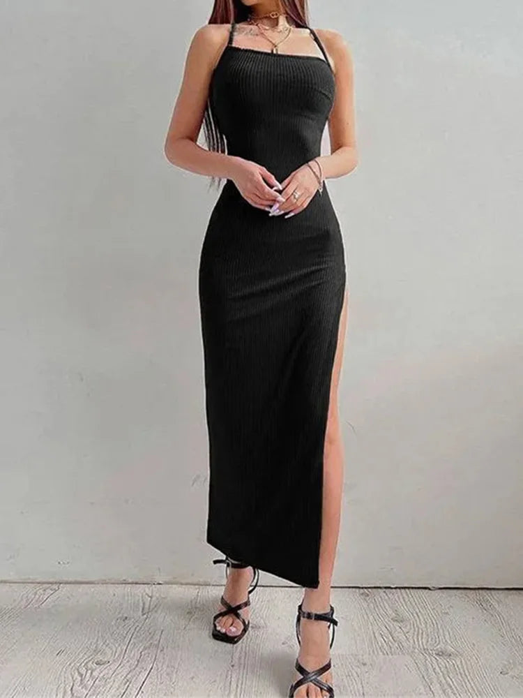 Noir Silk-Touch Halter Maxi