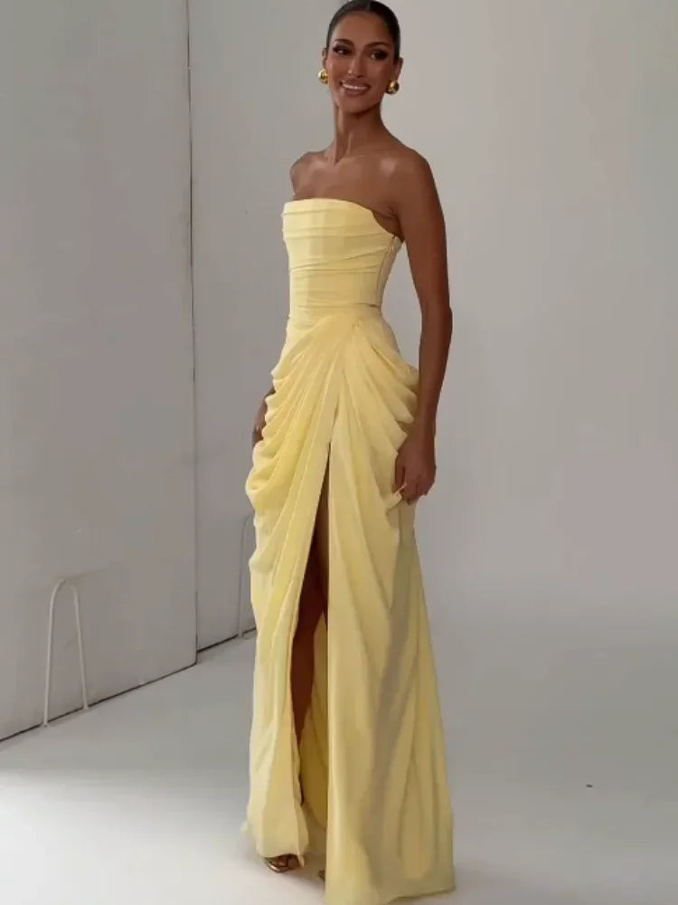btuce V-Neck Floor-Length Pleat Dress